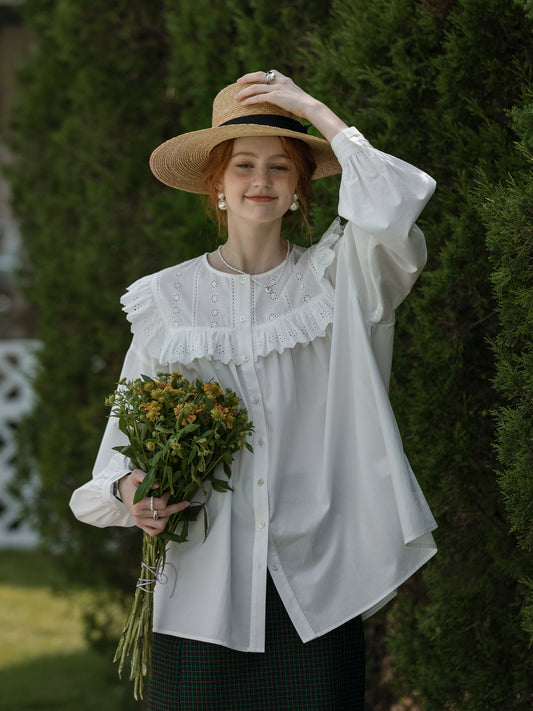 Oversized Embroidered Blouse With Ruffled Neck