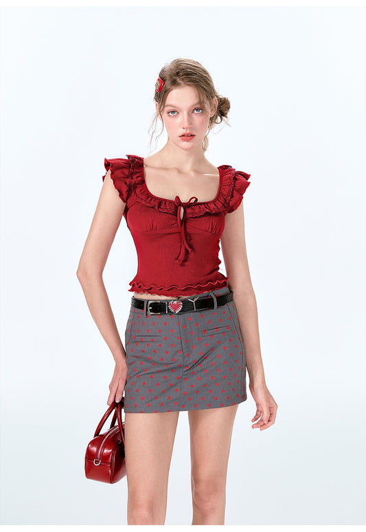 Frilled Neck Cropped Lettuce Edge Top