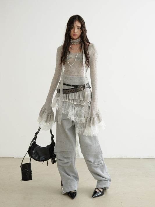 Sheer Knit Top With Asymmetric Ruffled Lace Hem