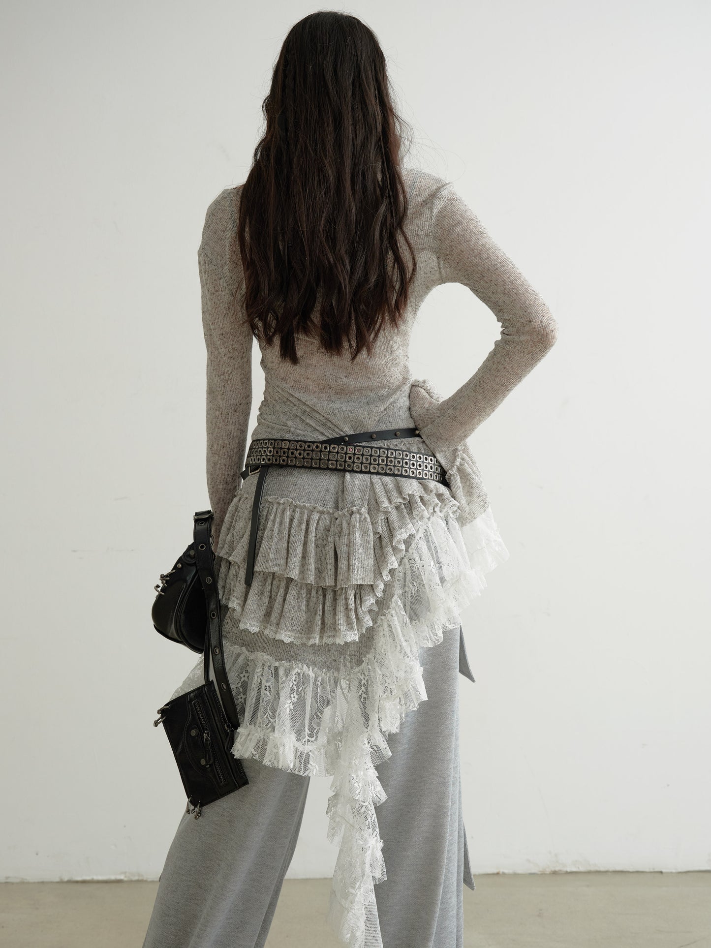 Sheer Knit Top With Asymmetric Ruffled Lace Hem