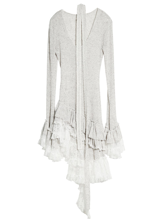 Sheer Knit Top With Asymmetric Ruffled Lace Hem