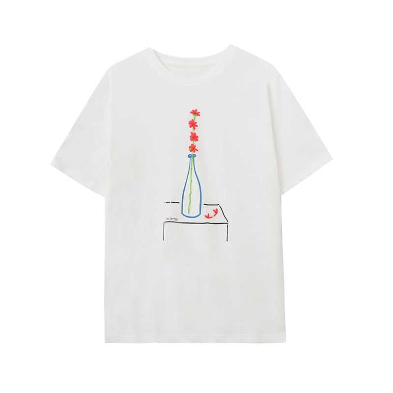 Embroidered Flower-In-Vase Print T-Shirt