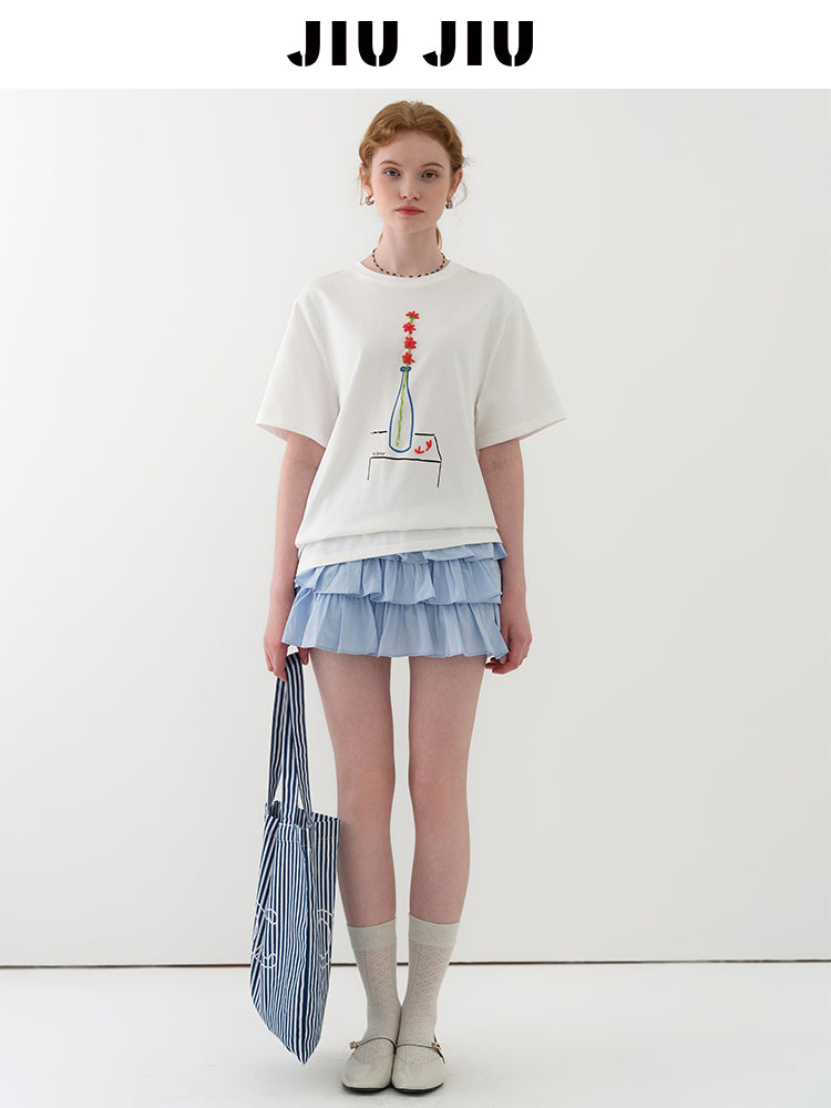 Embroidered Flower-In-Vase Print T-Shirt