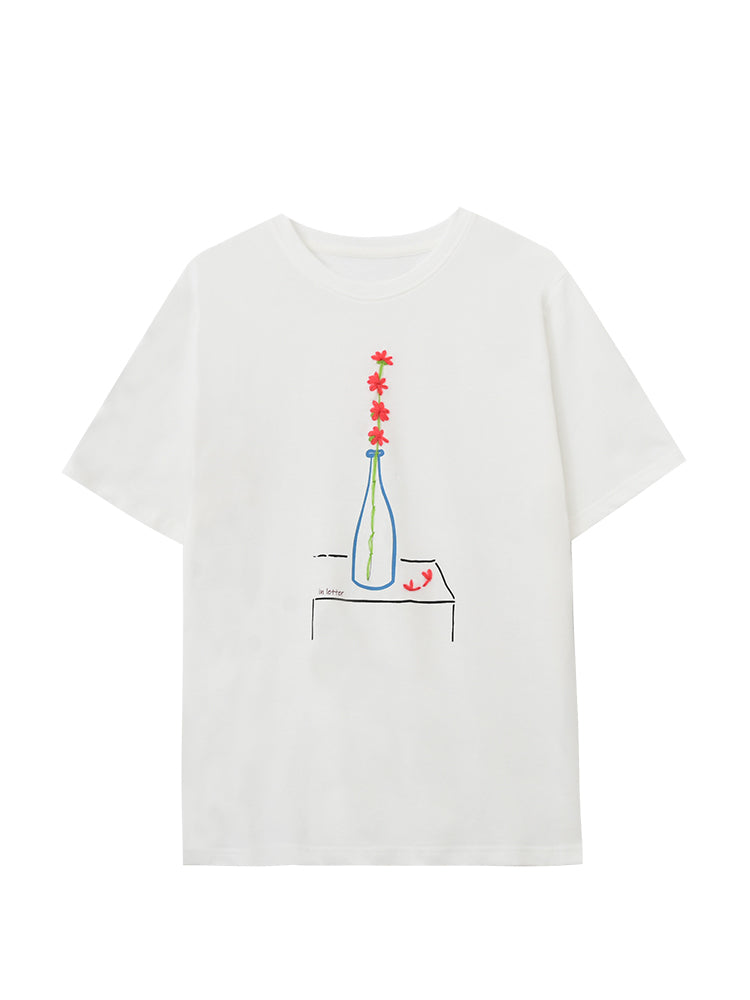 Embroidered Flower-In-Vase Print T-Shirt