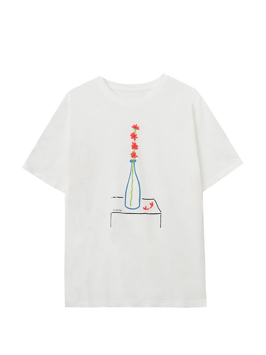Embroidered Flower-In-Vase Print T-Shirt