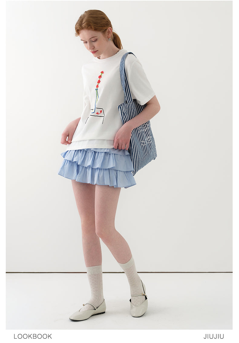 Embroidered Flower-In-Vase Print T-Shirt