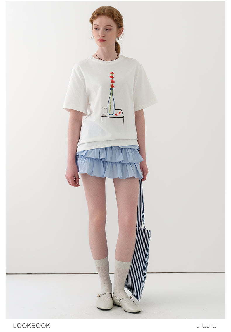 Embroidered Flower-In-Vase Print T-Shirt