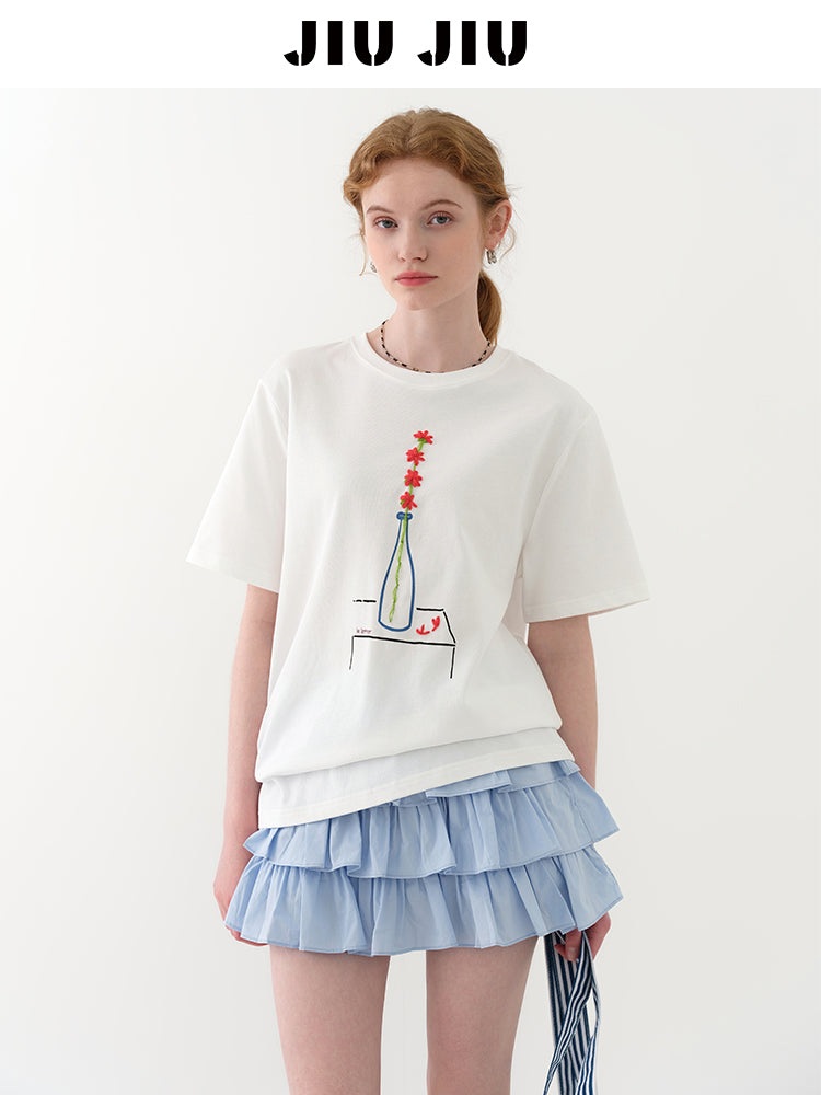 Embroidered Flower-In-Vase Print T-Shirt