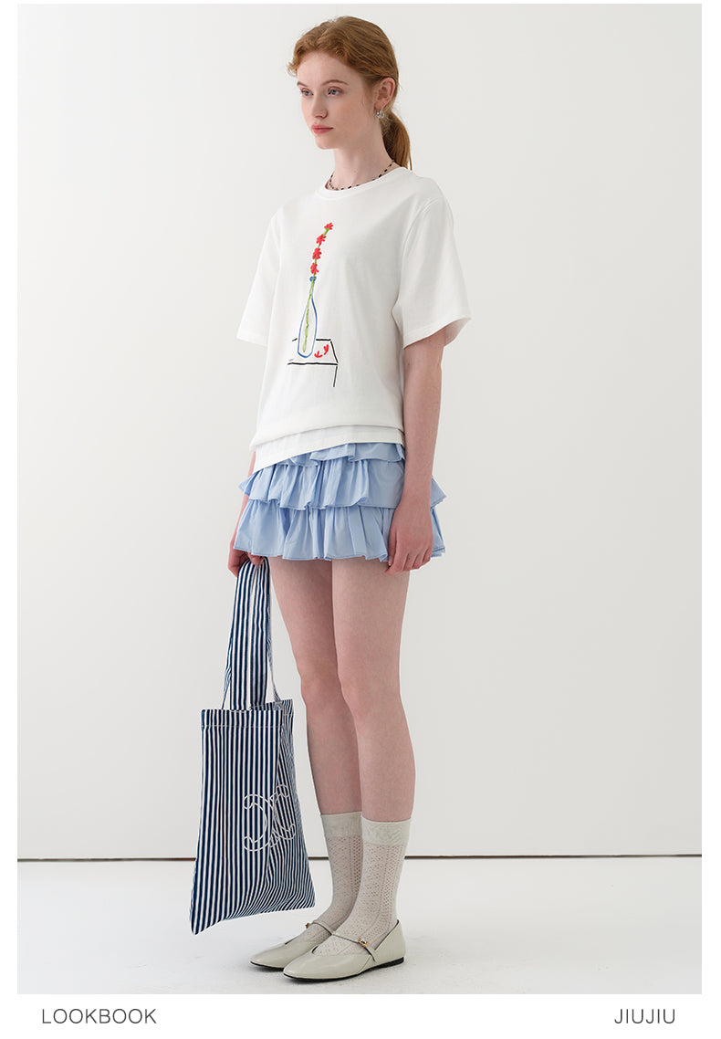 Embroidered Flower-In-Vase Print T-Shirt