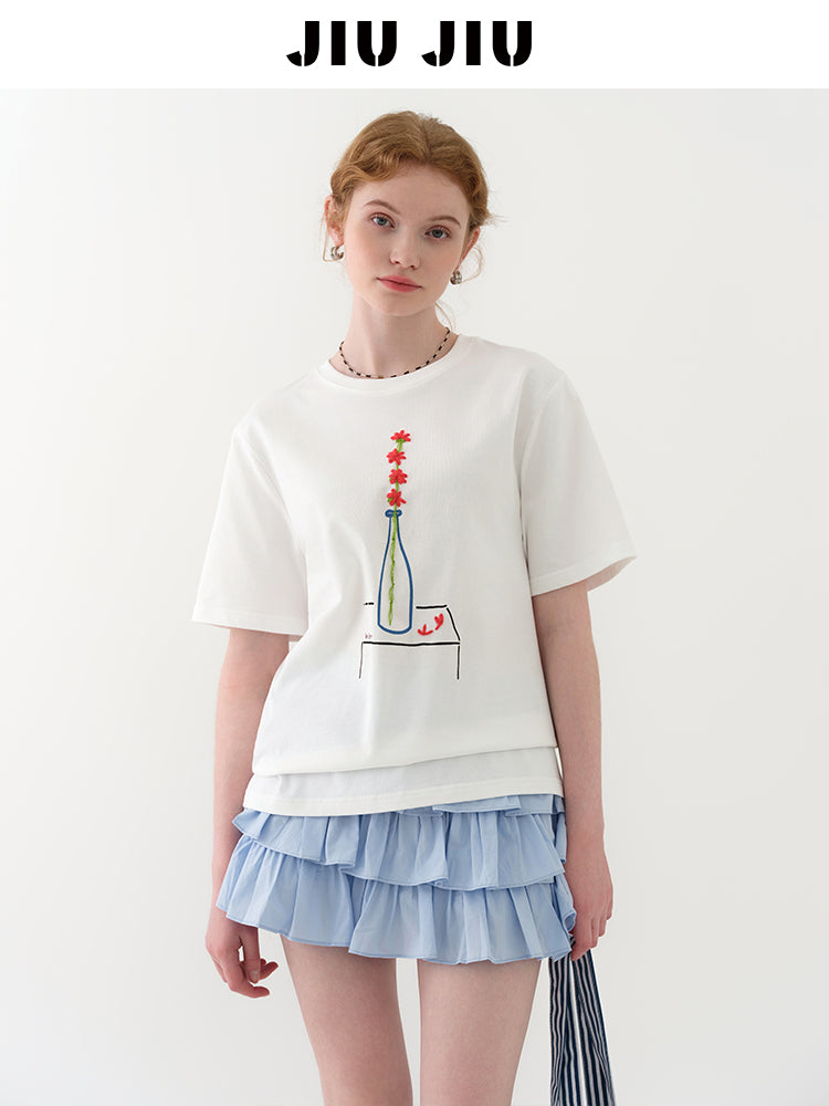 Embroidered Flower-In-Vase Print T-Shirt