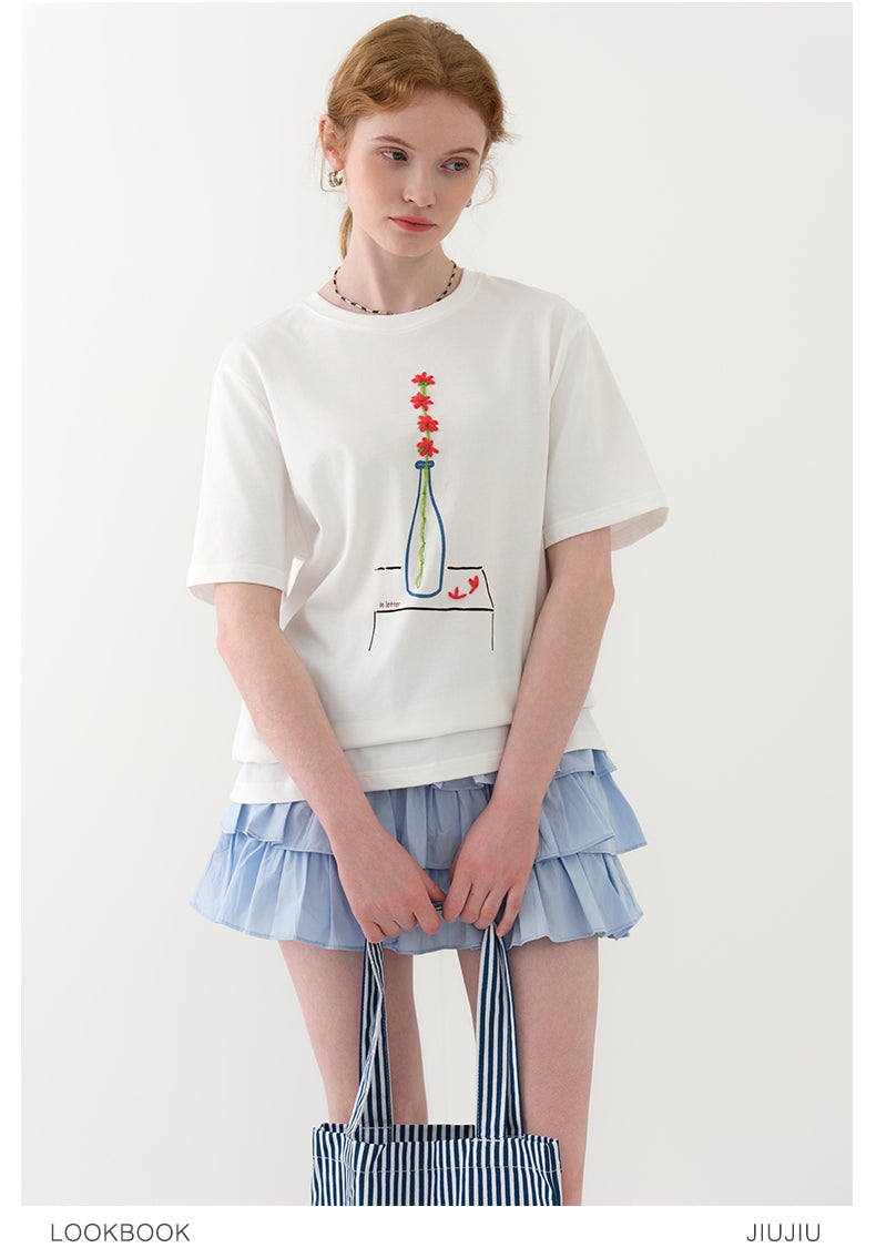 Embroidered Flower-In-Vase Print T-Shirt
