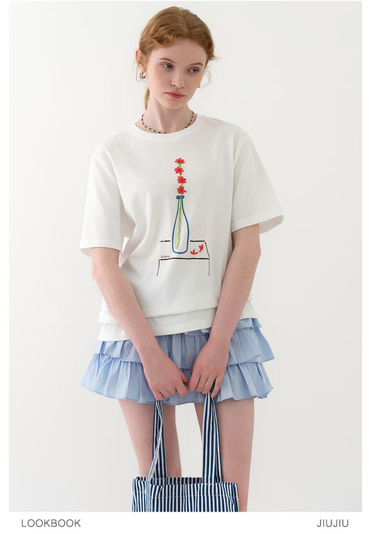 Embroidered Flower-In-Vase Print T-Shirt