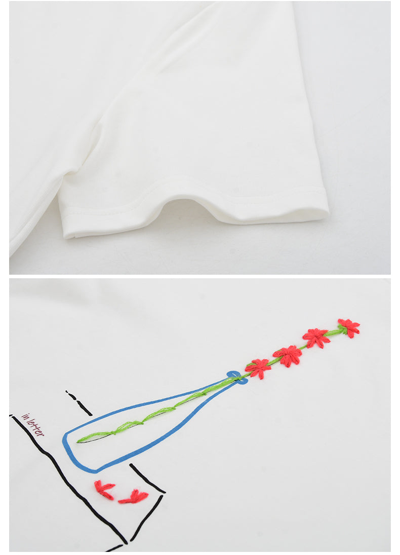 Embroidered Flower-In-Vase Print T-Shirt