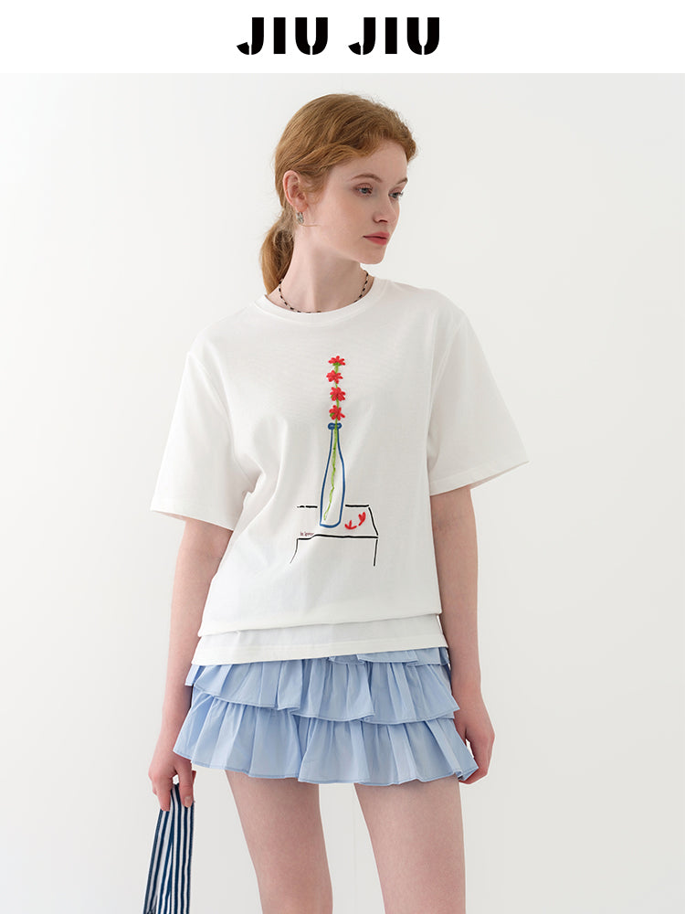 Embroidered Flower-In-Vase Print T-Shirt
