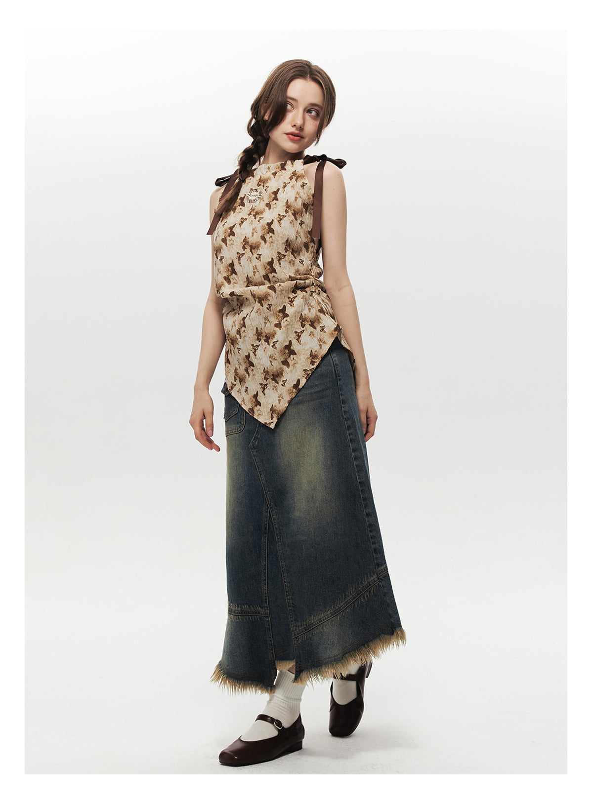 Crinkled Asymmetrical Top With Pointed Hem And Tie Straps