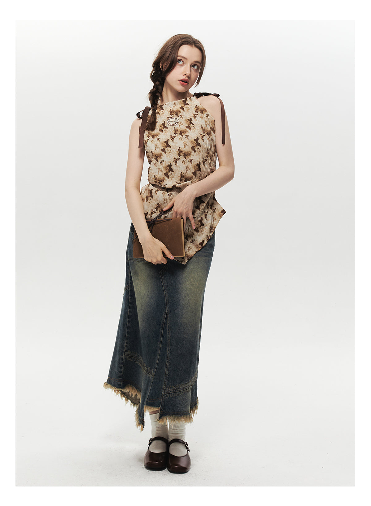 Crinkled Asymmetrical Top With Pointed Hem And Tie Straps