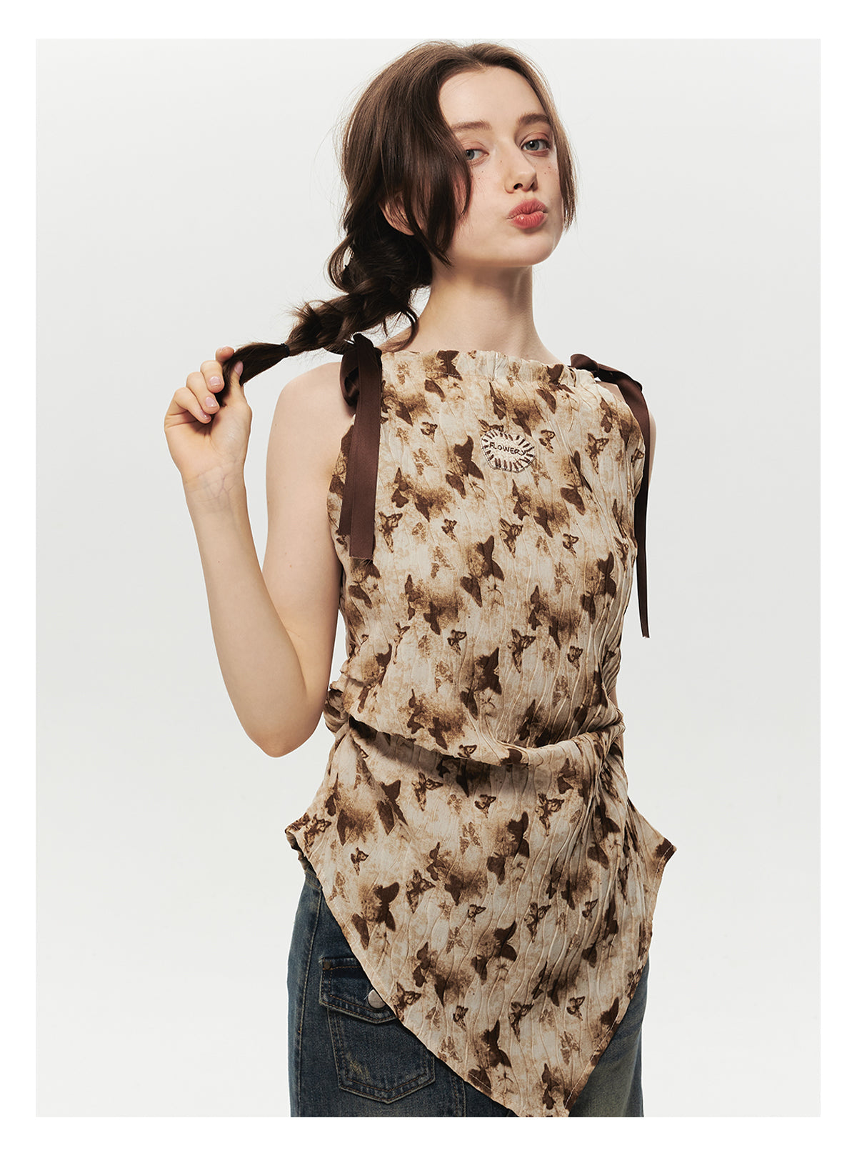 Crinkled Asymmetrical Top With Pointed Hem And Tie Straps