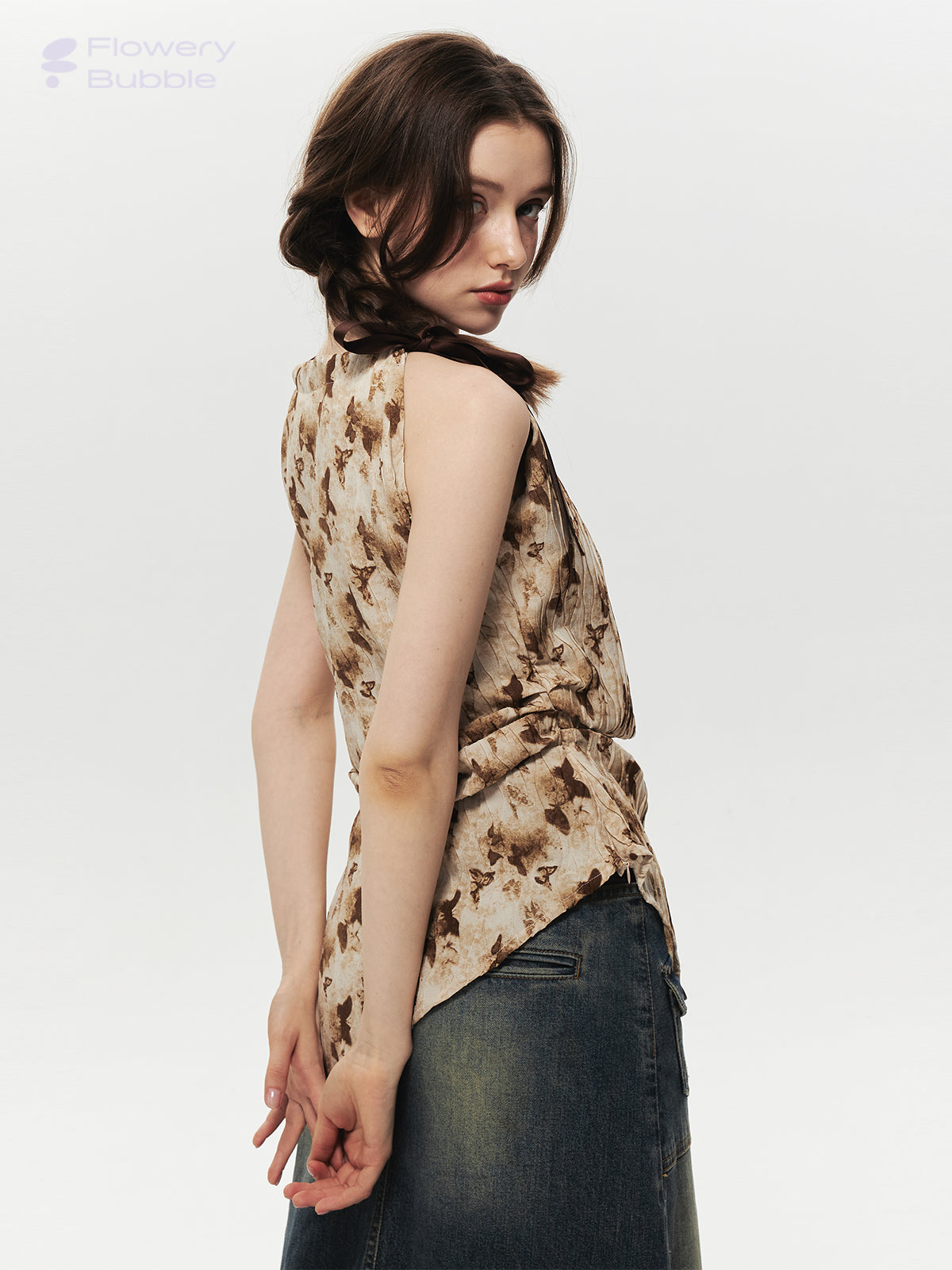 Crinkled Asymmetrical Top With Pointed Hem And Tie Straps