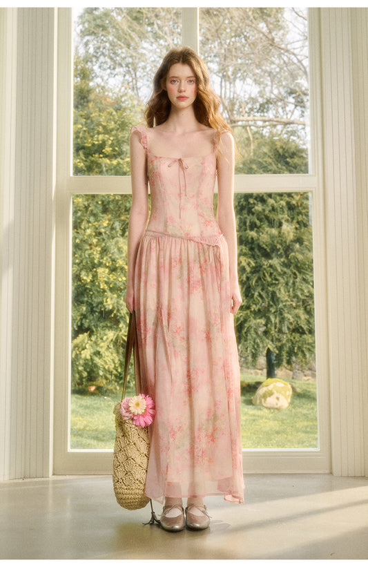 Floral Chiffon Maxi Dress With Waist Tie