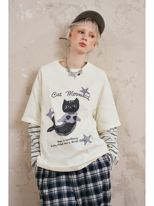 Relaxed Fit Mermaid Cat Print Tee With Striped Sleeves