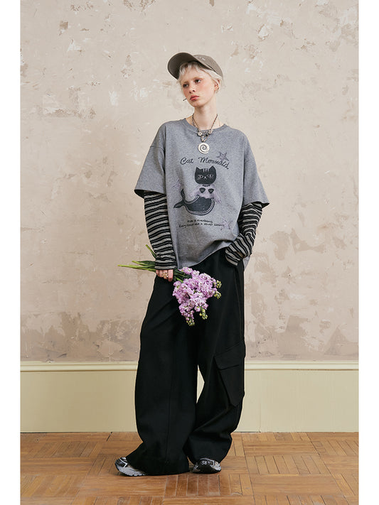 Relaxed Fit Mermaid Cat Print Tee With Striped Sleeves