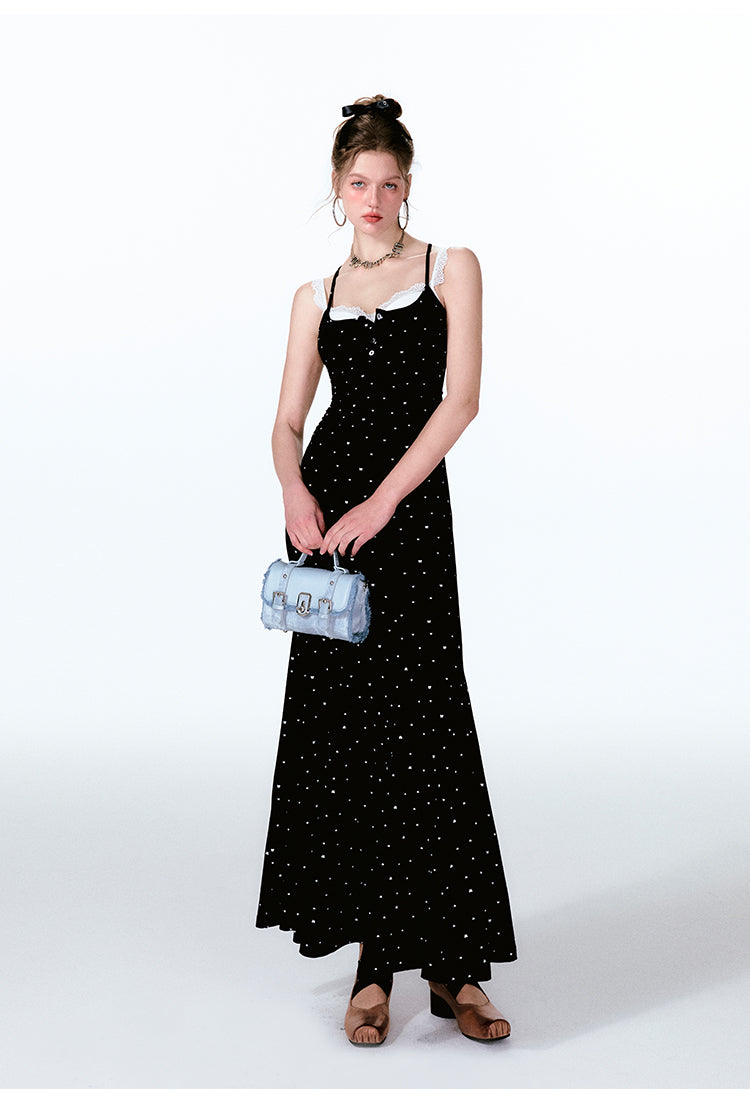 Dotted Faux Layered Fishtail Dress With Front Buttons