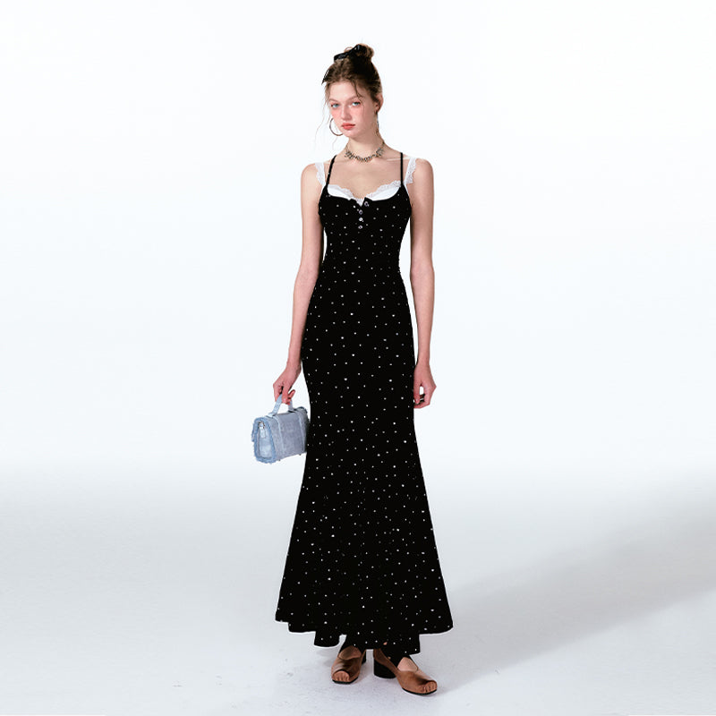 Dotted Faux Layered Fishtail Dress With Front Buttons
