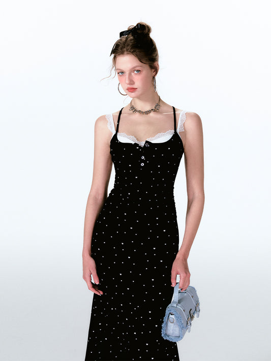 Dotted Faux Layered Fishtail Dress With Front Buttons