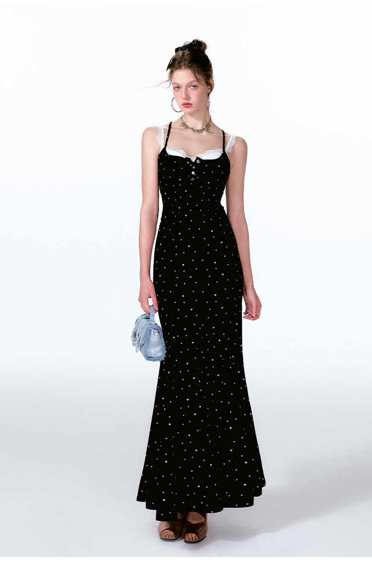 Dotted Faux Layered Fishtail Dress With Front Buttons