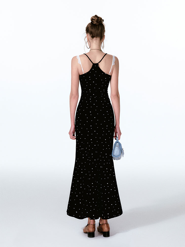 Dotted Faux Layered Fishtail Dress With Front Buttons