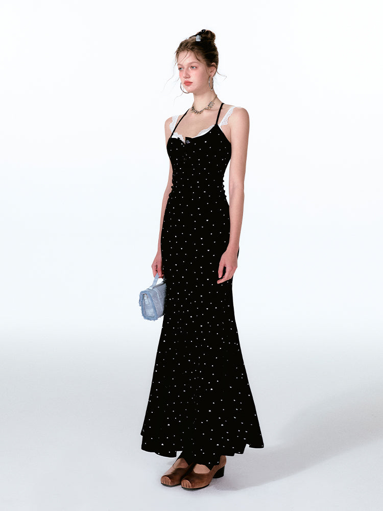 Dotted Faux Layered Fishtail Dress With Front Buttons