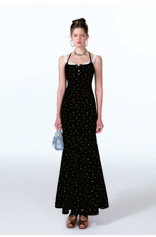 Dotted Faux Layered Fishtail Dress With Front Buttons