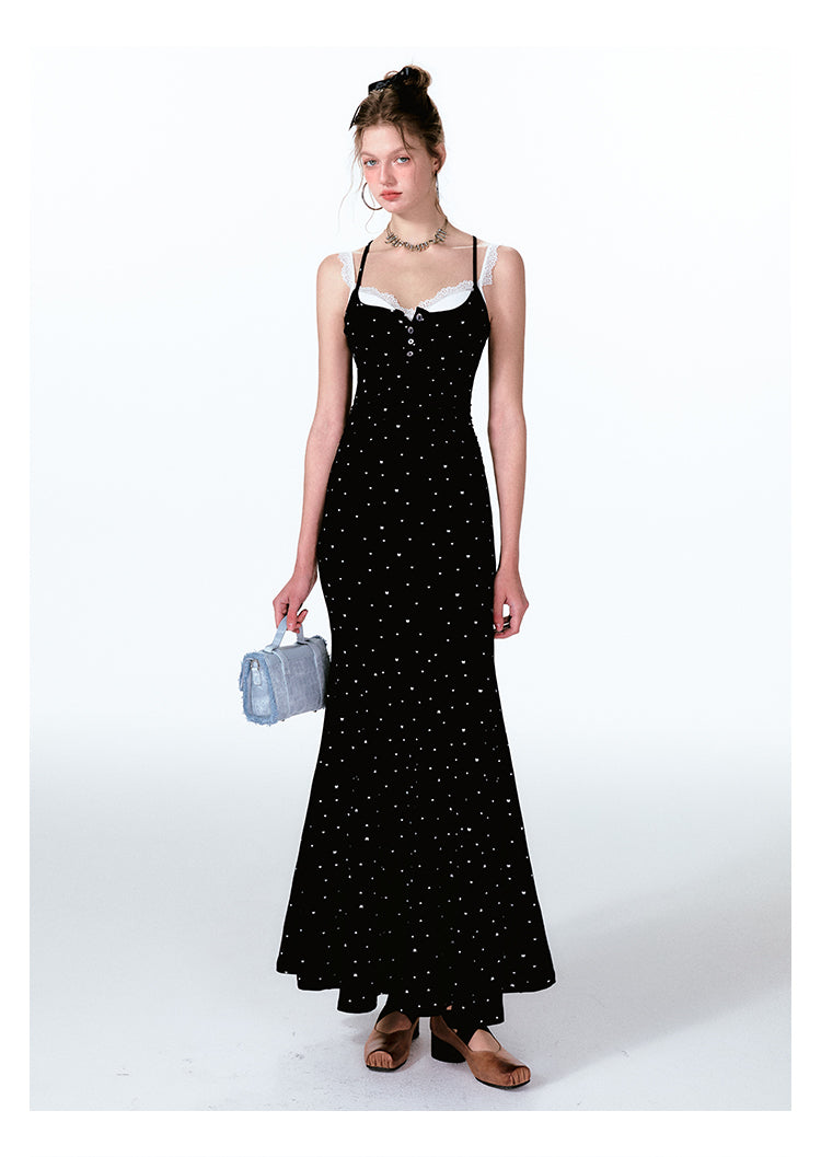 Dotted Faux Layered Fishtail Dress With Front Buttons