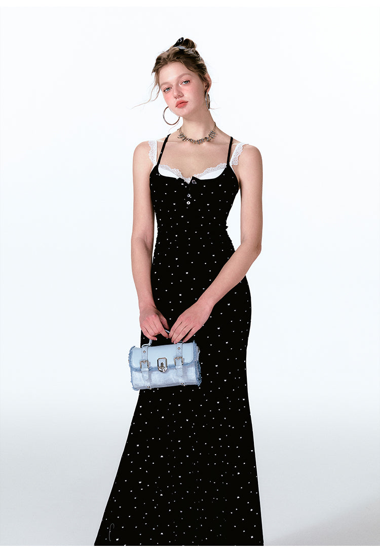 Dotted Faux Layered Fishtail Dress With Front Buttons