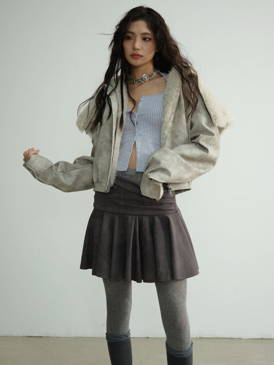 Washed Raw Edge Draped Short Skirt