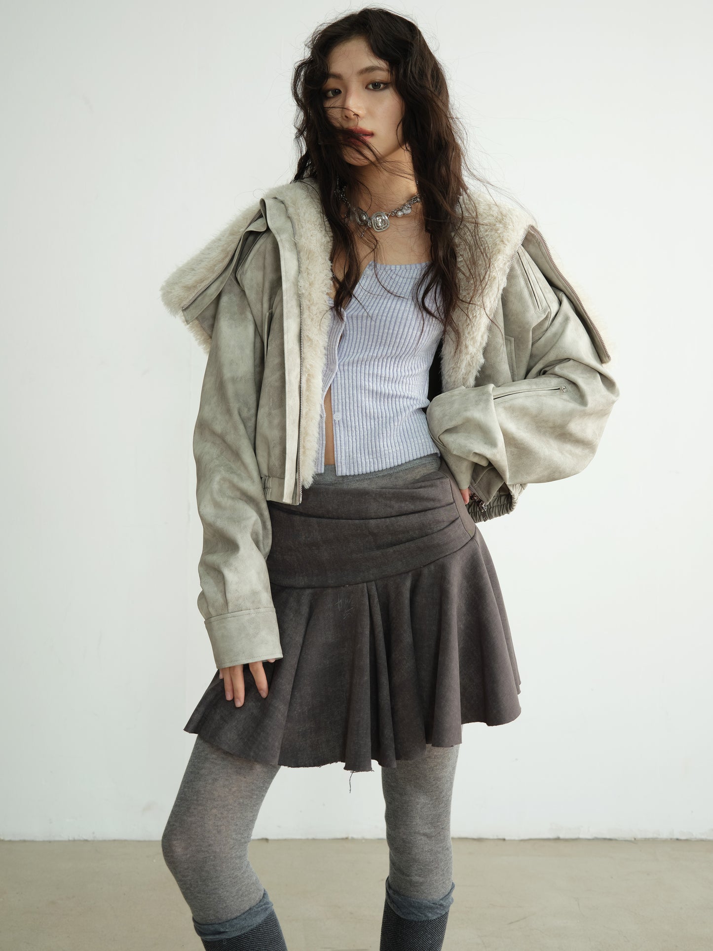 Washed Raw Edge Draped Short Skirt