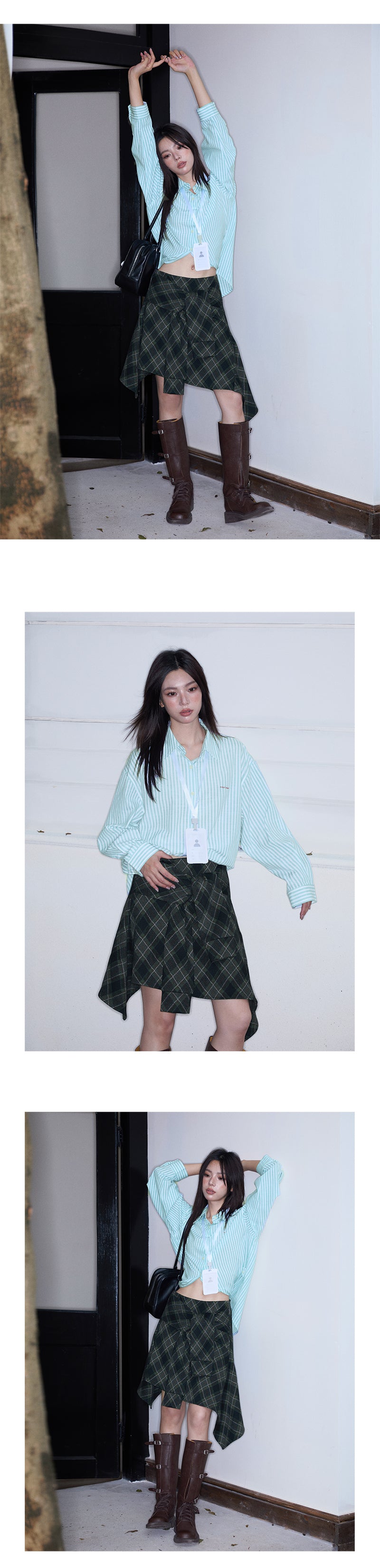 Faux Two-Piece Plaid Skirt With Asymmetric Hem