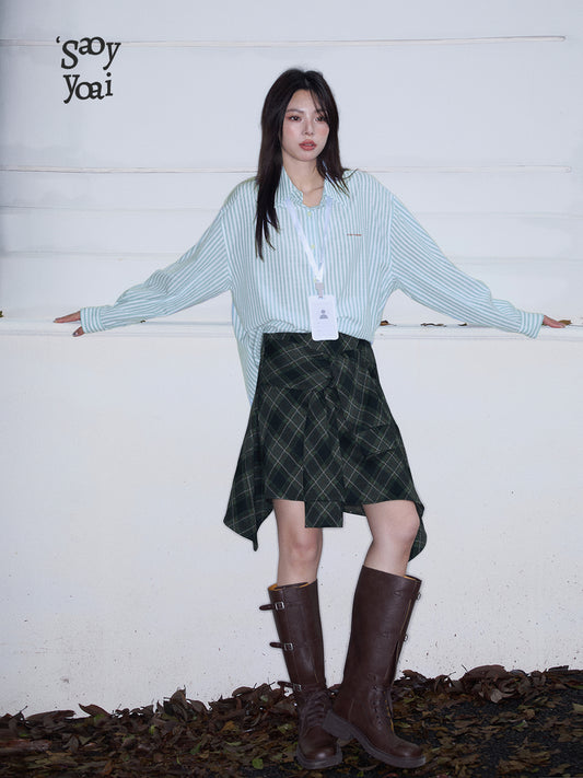 Faux Two-Piece Plaid Skirt With Asymmetric Hem