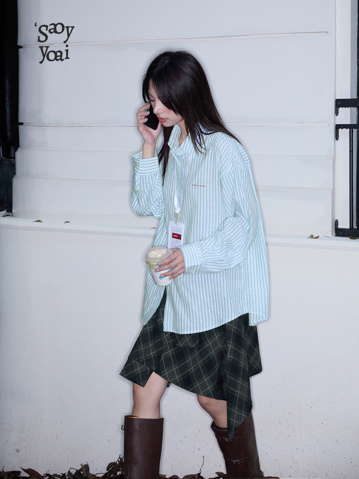 Faux Two-Piece Plaid Skirt With Asymmetric Hem