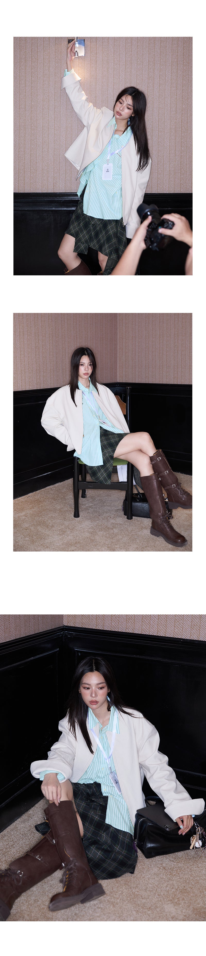 Faux Two-Piece Plaid Skirt With Asymmetric Hem