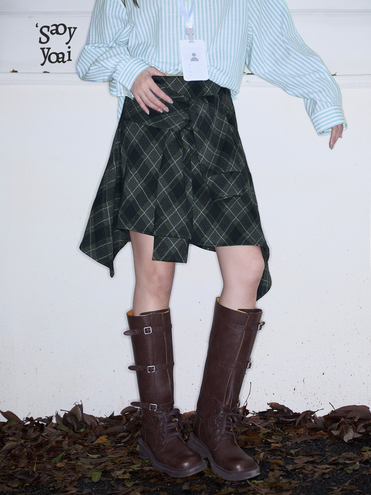 Faux Two-Piece Plaid Skirt With Asymmetric Hem