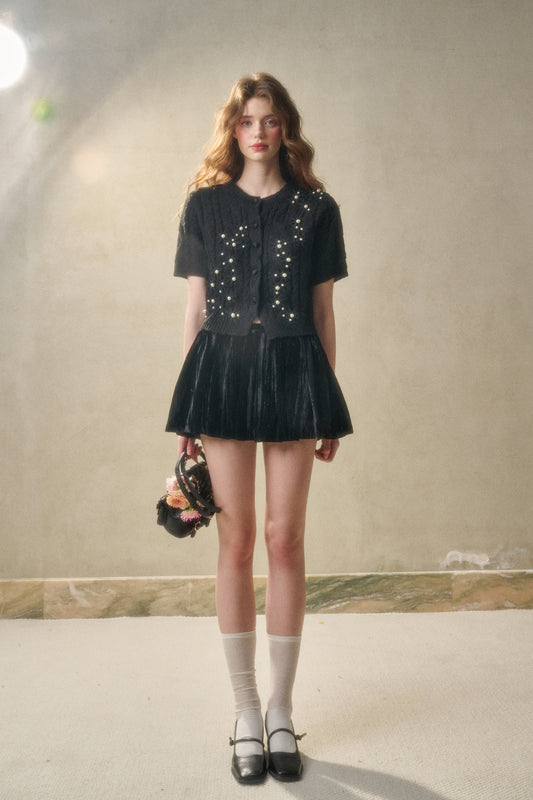 Cable Knit Short-Sleeve Top With Pearl Beads