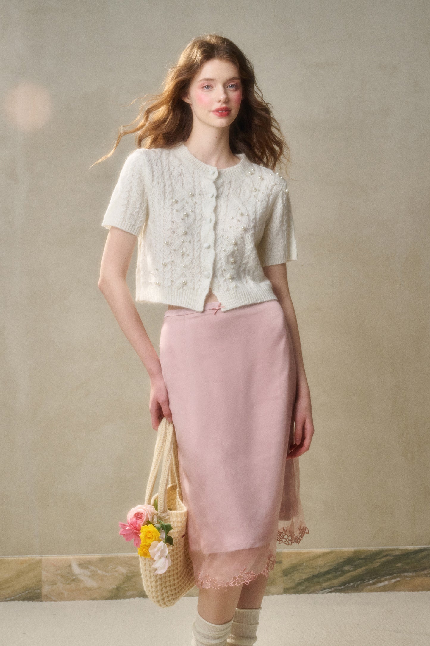 Cable Knit Short-Sleeve Top With Pearl Beads