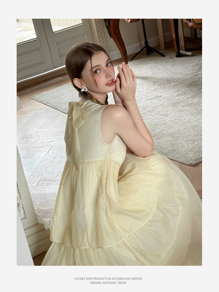 Frilled Neck Sleeveless Tiered Sheer Dress