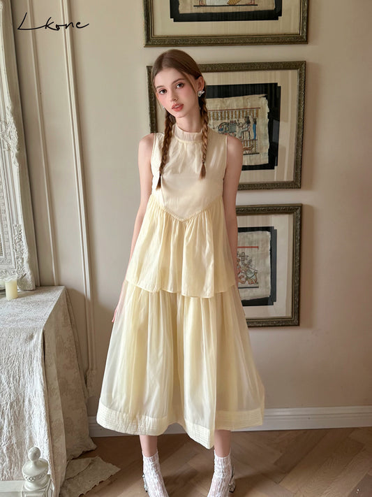 Frilled Neck Sleeveless Tiered Sheer Dress