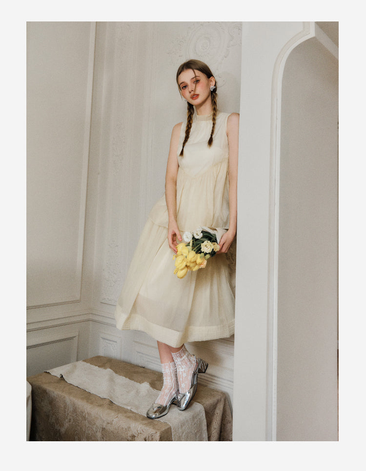 Frilled Neck Sleeveless Tiered Sheer Dress