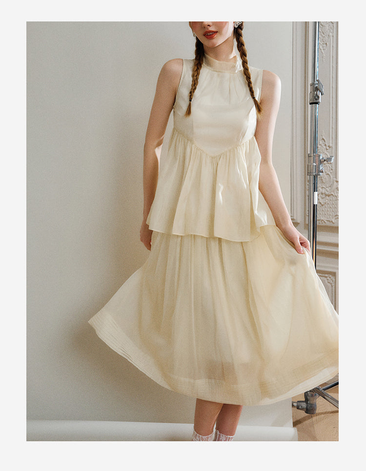 Frilled Neck Sleeveless Tiered Sheer Dress