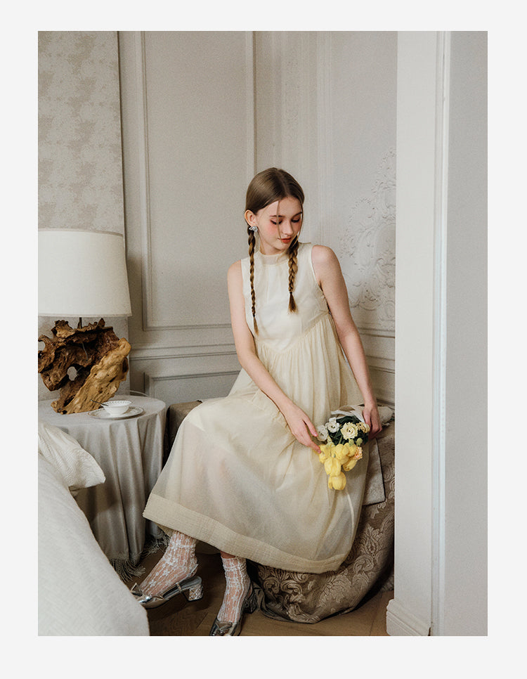 Frilled Neck Sleeveless Tiered Sheer Dress
