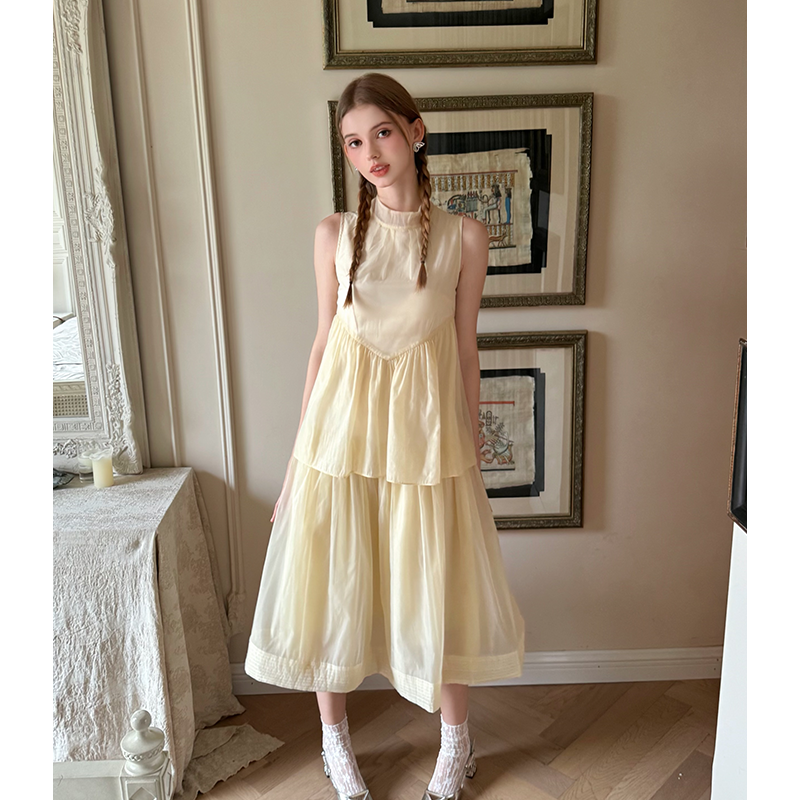 Frilled Neck Sleeveless Tiered Sheer Dress