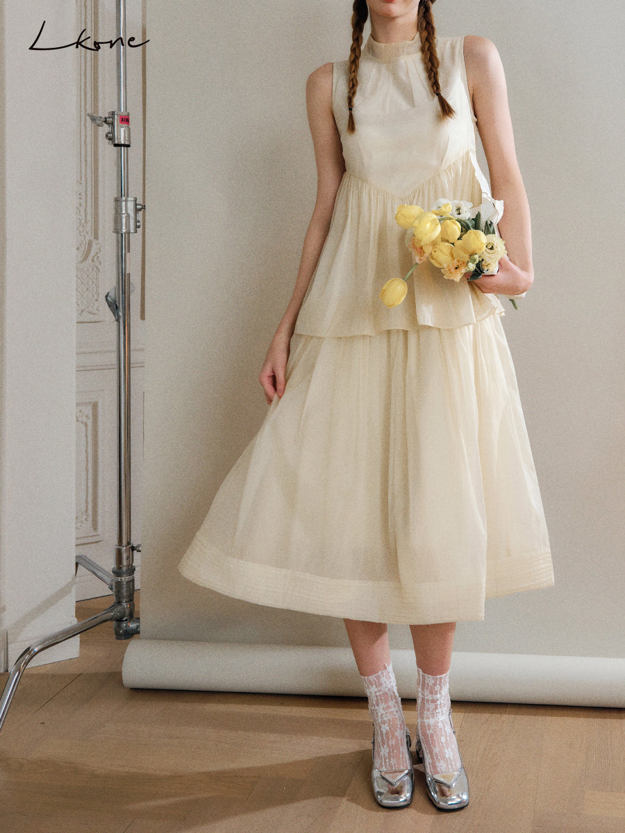 Frilled Neck Sleeveless Tiered Sheer Dress